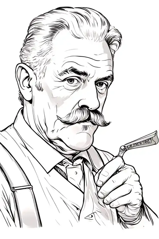 50-year-old barber, wearing suspenders, with a mustache, holding a razor in his right hand tattoo design idea