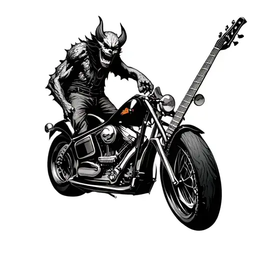 Motorcycle and bass guitar vagabond demon tattoo design idea