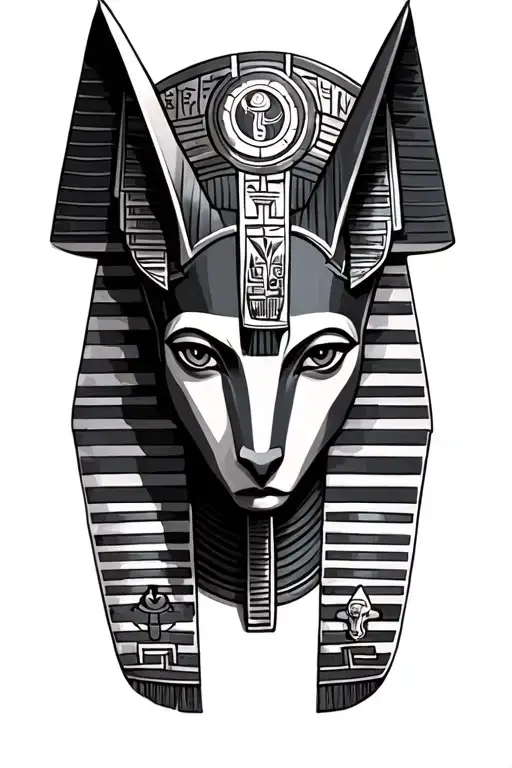 Anubis with Egyptian symbols in the background black and white tattoo design idea