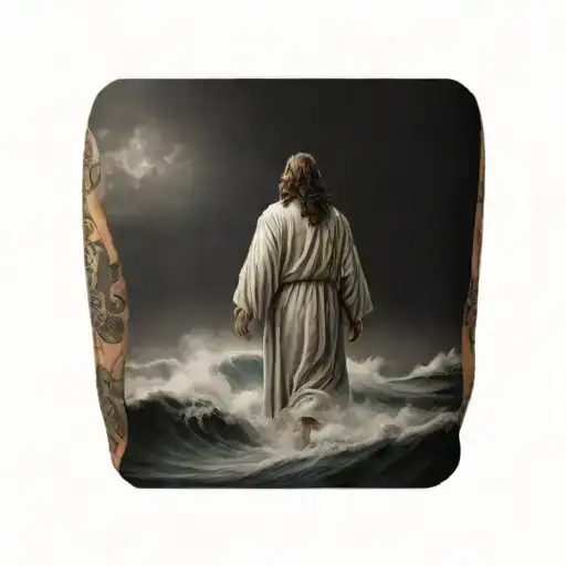 Hyper Realistic, Portrait of Jesus Christ walking on stormy waves from the back towards a Lighthouse in the distance,  tattoo design idea