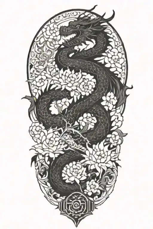 dragon ascends fractal flower path to fight with false idol tattoo design idea