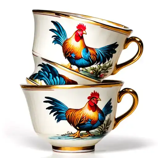 three stacked toppling tea cups with engraving of a chicken painted on the cups tattoo design idea