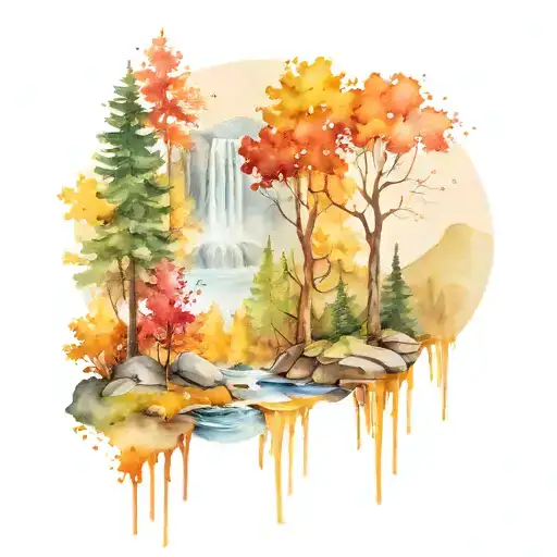 mountains with fall color trees and waterfalls flowing tattoo design idea