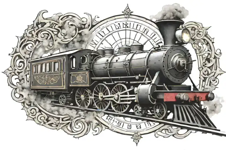 A train winding through a smoky compass rose surrounded tattoo design idea