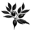 Three distinct elements connected by a single branch (like an olive or vine branch) tattoo design idea