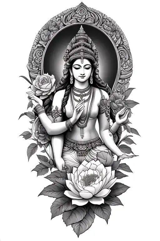 Cambodia apsara surrounded in peonies, roses and lotus flowers tattoo design idea