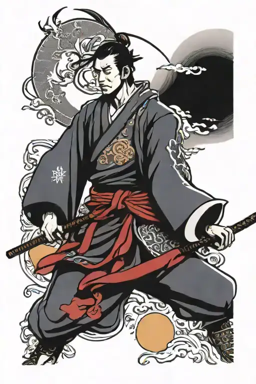 japanese samurai moon sun rising tattoo design idea