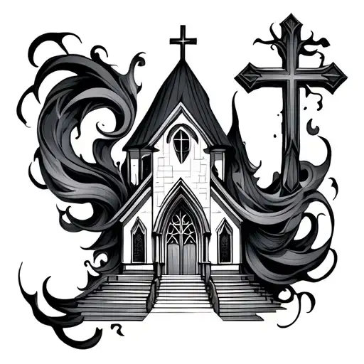 negative space cross and gothic style church with soft flowing patterns all around forearm tattoo tattoo design idea