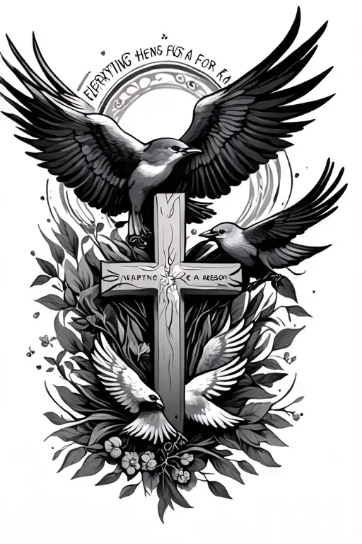 everything happens for a reason with with a cross and birds around it tattoo design idea