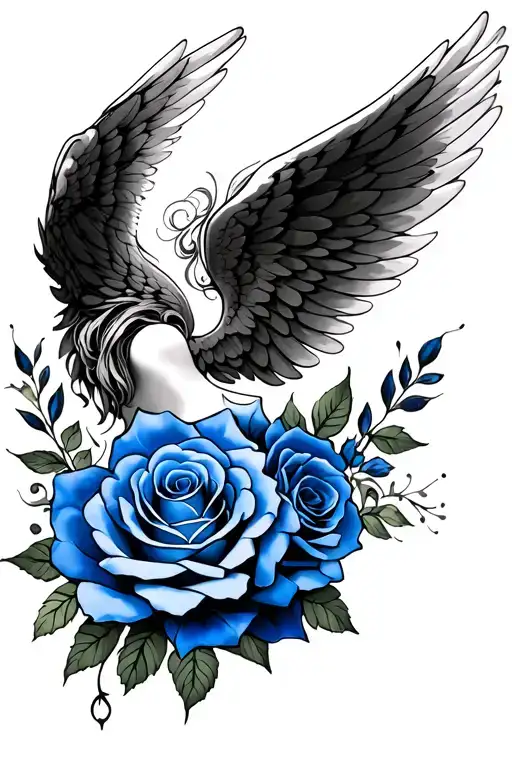 angel wings and blue roses tattoo design idea