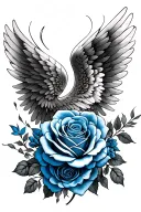 angel wings and blue roses tattoo design idea