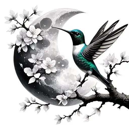 Cherry Blossom Moon hummingbird tree made tattoo design idea