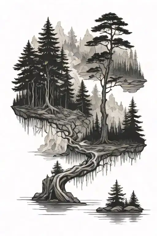 fantasy forest+ line + water or fire coming tattoo design idea