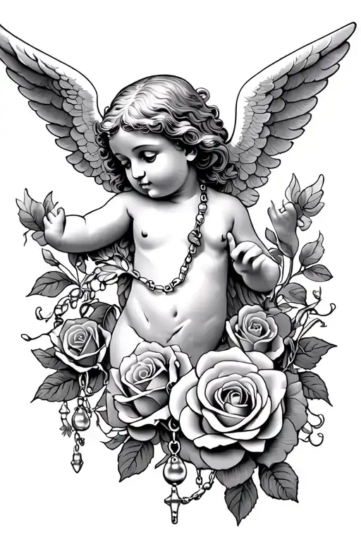 cherub angel roses and rosary beads intertwined tattoo design idea