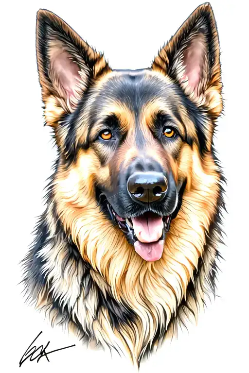 majestic double coated german shepherd dog head, wolf-like glaze, warrior tattoo design idea