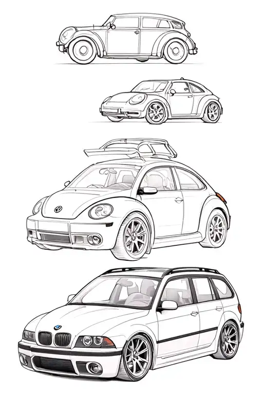 four cars stacked on each other: a Volkswagen Beetle, a Volkswagen thing, a 2002 Saab 9-3, and a 2002 BMW 3 series wagon tattoo design idea