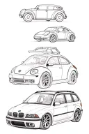 four cars stacked on each other: a Volkswagen Beetle, a Volkswagen thing, a 2002 Saab 9-3, and a 2002 BMW 3 series wagon tattoo design idea