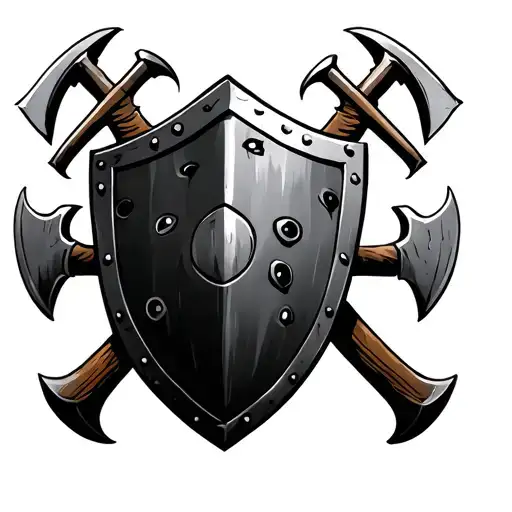 shield with 4 bullet holes and 2 axes standing in a x shape infront of the shield tattoo design idea