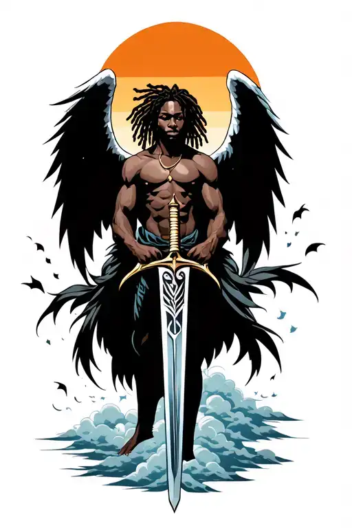 an darkskin angel with dreads holding a sword with the sun behind him and clouds surrounding tattoo design idea