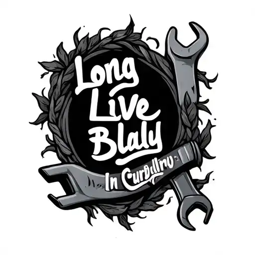 Make a sharp bloody wrench vines around it saying Long Live Baldy In Cursive text tattoo design idea