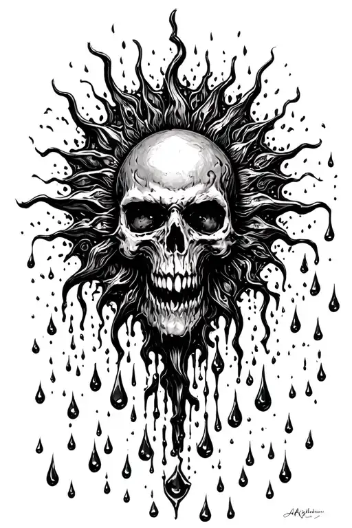 a sun melting into rain drops. tattoo design idea