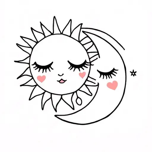  girly sun and moon with heart cheeks and bold eyelashes and eyebrows. they're side by side.the sun is melting the moon  tattoo design idea