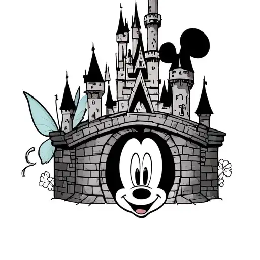 disney castle. mickey mouse  head on the archway  tinker bell pixie dust and Tigger   sneaking behind  the castle  tattoo design idea