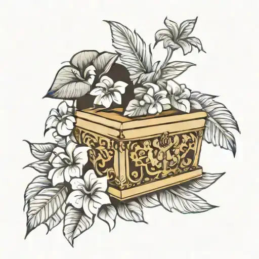 outline of a three dimensional casket with tropical flowers engraved tattoo design idea
