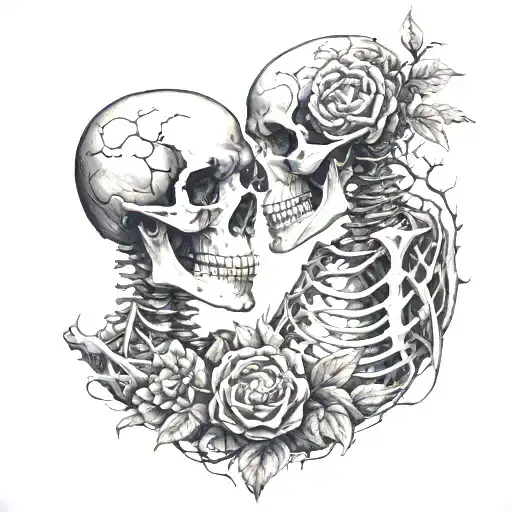 two skeletons facing each other, thorns growing out of them  tattoo design idea