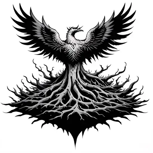 banyan tree with phoenix rising from ashes tattoo design idea