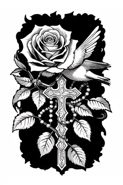 Rose and cross and bird holding a rosary beads tattoo design idea