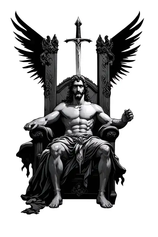 Damocles sitting on a dark throne with the sword dangling on a string above him tattoo design idea