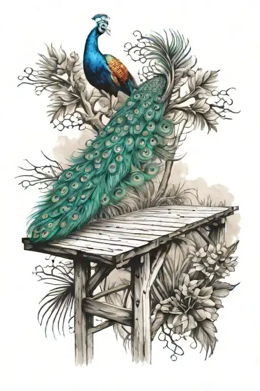 wood bridge with peacock feather tattoo design idea