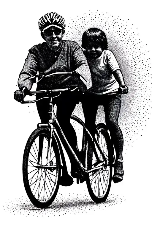 Design a silhouette of a grandparent biking with their grandchildren, showcasing the client's love for their grandchildren and biking tattoo design idea