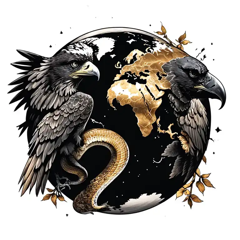 Planet earth, eagle, raven, snake tattoo design idea