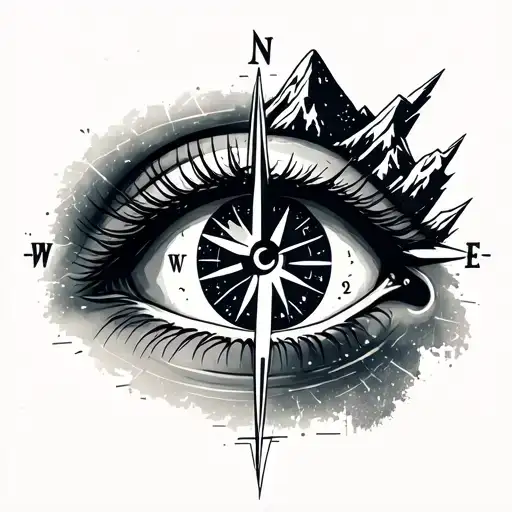 human eye mountains world map compass camera lighting bolt tattoo design idea