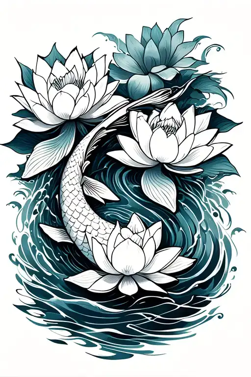 koi fish swimming upstream with multiple lotus flowers around it and waves around as fillers tattoo design idea