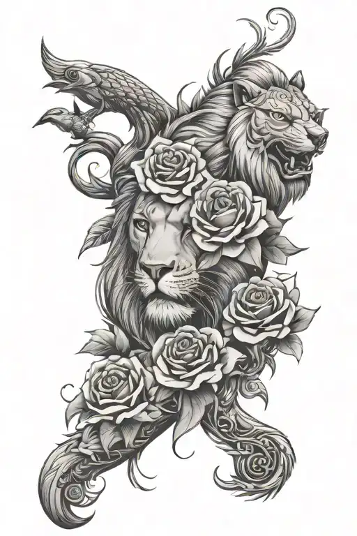 Roses,wolf,lion,arowana leg sleeve inspired tattoo design idea