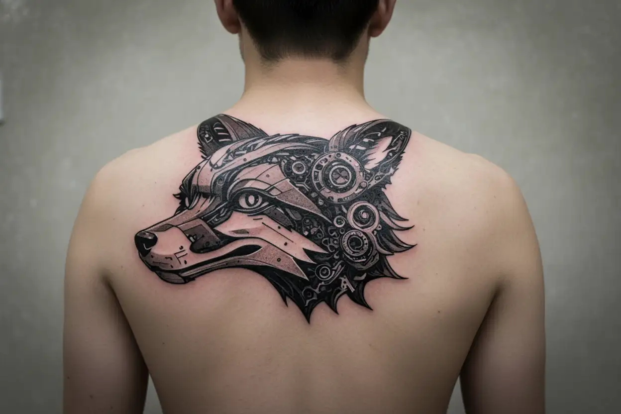 Mechanical Steampunk Robotic Fox head incorporating battery elements tattoo design idea