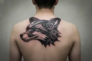 Mechanical Steampunk Robotic Fox head incorporating battery elements tattoo design idea