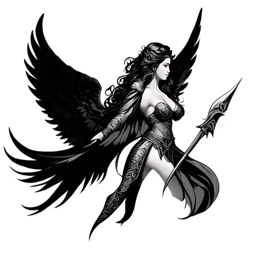 Imagine a black and white tattoo that captures the essence of a warrior angel, delicate and strong at the same time. tattoo design idea