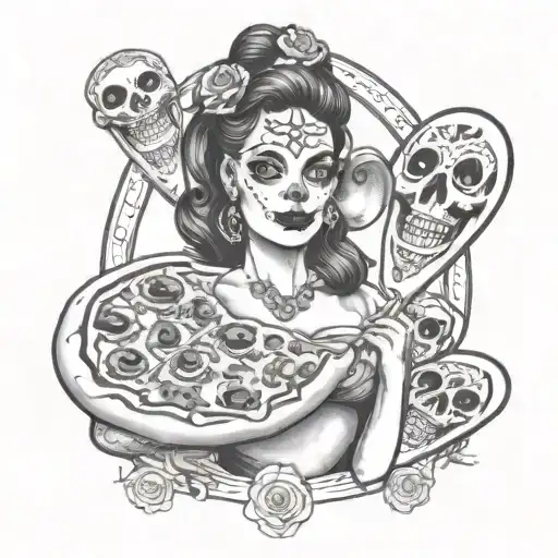 day of the dead pin up girl wrapped in a pizza tattoo design idea