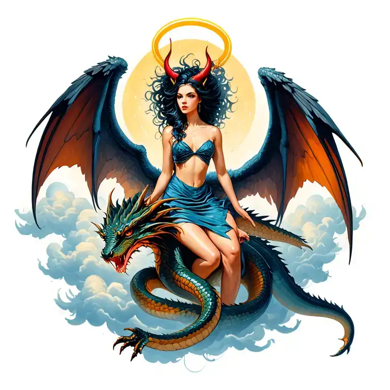 pretty devil woman with halo riding dragon with wings above clouds snake mystical realism  tattoo design idea