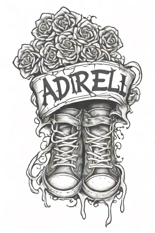the name Adriel in graffiti with baby feet connected tattoo design idea