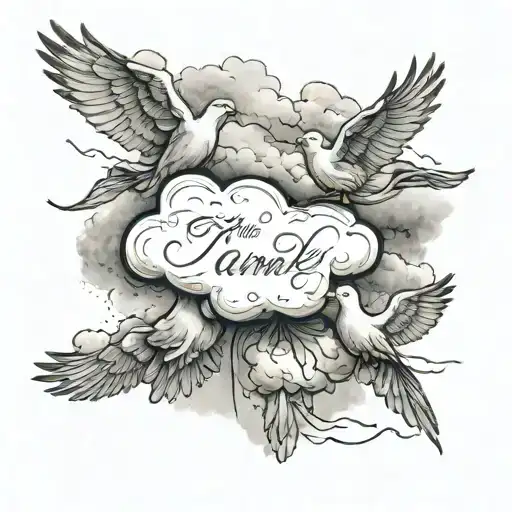 name written inside of a cloud with doves flying tattoo design idea