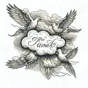name written inside of a cloud with doves flying tattoo design idea