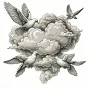 name written inside of a cloud with doves flying tattoo design idea