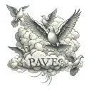 name written inside of a cloud with doves flying tattoo design idea