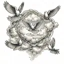 name written inside of a cloud with doves flying tattoo design idea