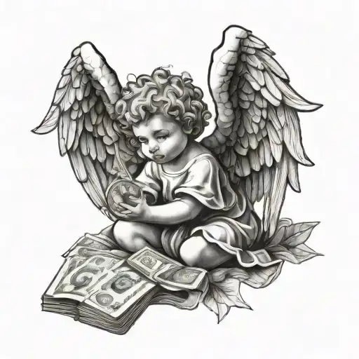 cherub angel holding money tattoo design idea